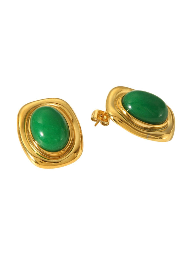 Boucles d'oreilles carrées, pierre naturelle, acier inoxydable, style rétro, plaqué or, modèle Luva - Boucles d'oreilles - Jade et or
