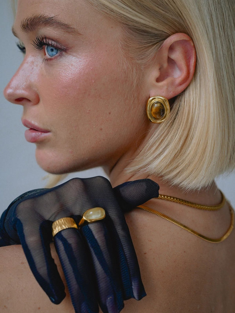 Boucles d'oreilles carrées, pierre naturelle, acier inoxydable, style rétro, plaqué or, modèle Luva - Boucles d'oreilles - Oeil de tigre et or