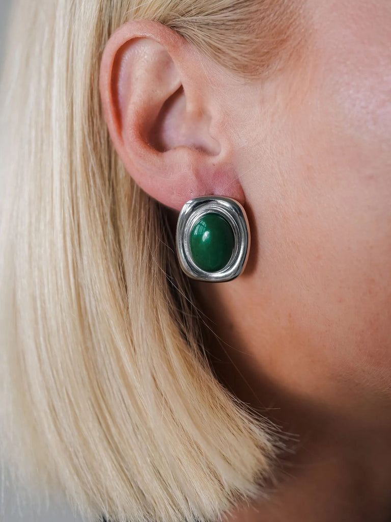 Boucles d'oreilles carrées, pierre naturelle, acier inoxydable, style rétro, plaqué or, modèle Luva - Boucles d'oreilles - Jade et argent