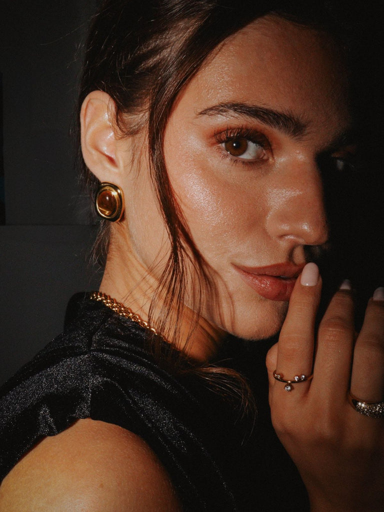 Boucles d'oreilles carrées, pierre naturelle, acier inoxydable, style rétro, plaqué or, modèle Luva - Boucles d'oreilles - Oeil de tigre et or