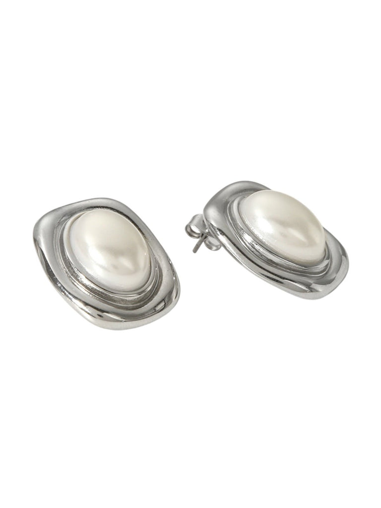 Boucles d'oreilles carrées, pierre naturelle, acier inoxydable, style rétro, plaqué or, modèle Luva - Boucles d'oreilles - Perle et argent