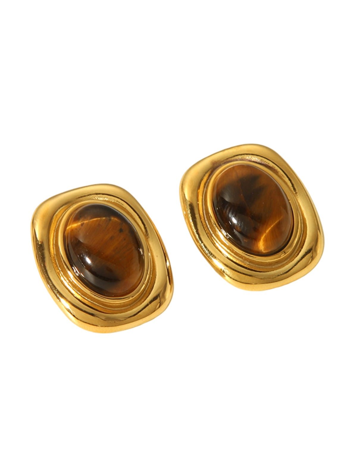 Boucles d'oreilles carrées, pierre naturelle, acier inoxydable, style rétro, plaqué or, modèle Luva - Boucles d'oreilles - Oeil de tigre et or