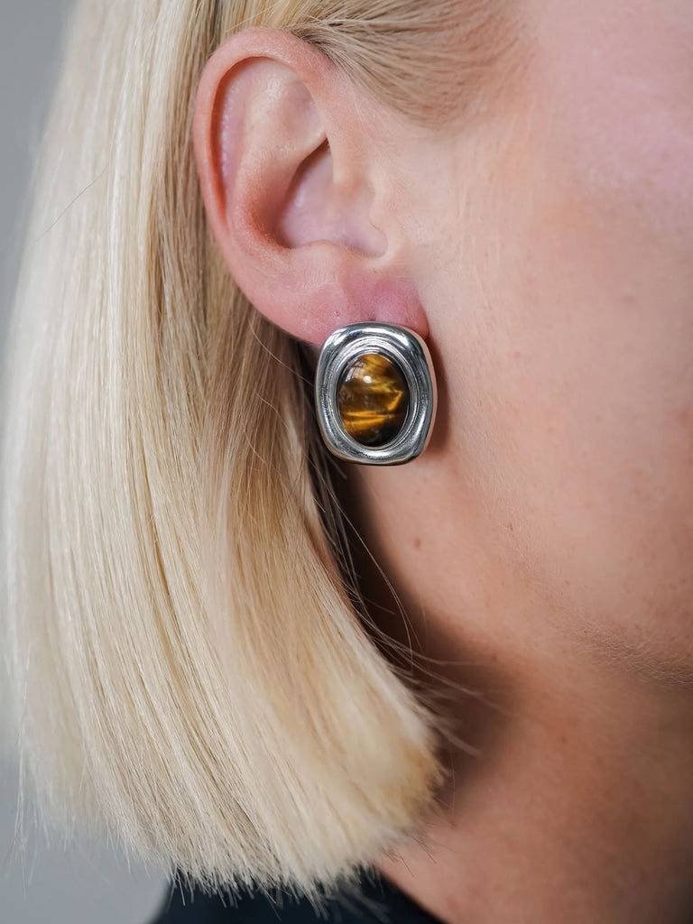 Boucles d'oreilles carrées, pierre naturelle, acier inoxydable, style rétro, plaqué or, modèle Luva - Boucles d'oreilles - Oeil de tigre et argent