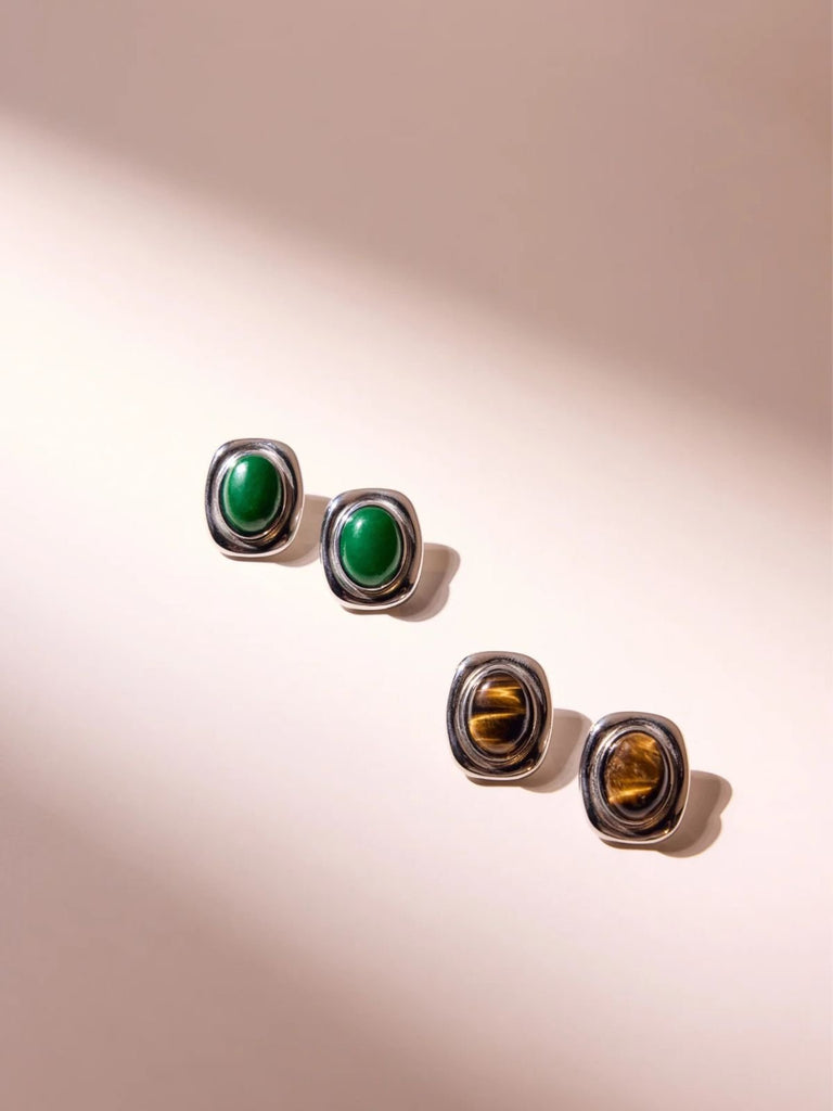 Boucles d'oreilles carrées, pierre naturelle, acier inoxydable, style rétro, plaqué or, modèle Luva - Boucles d'oreilles - Oeil de tigre et argent