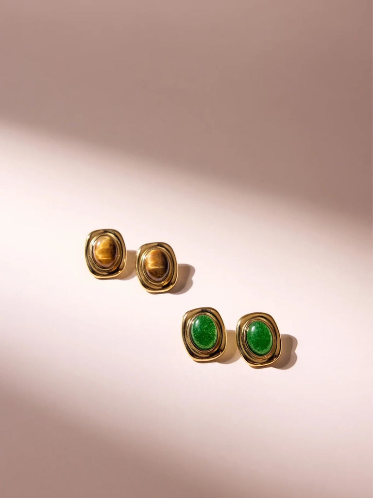 Boucles d'oreilles carrées, pierre naturelle, acier inoxydable, style rétro, plaqué or, modèle Luva - Boucles d'oreilles - Oeil de tigre et or