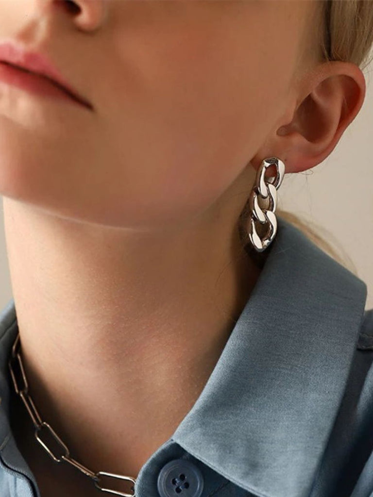 Boucles d'oreilles femme, acier inoxydable doré, chaîne cubaine, style punk, bijoux tendance, modèle Rosine - Boucles d'oreilles - Argent