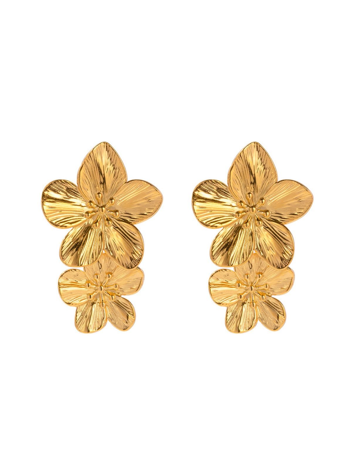 Boucles d'oreilles fleurs, acier inoxydable, or 18K, grande taille, style INS, modèle Akola - Boucles d'oreilles - Or