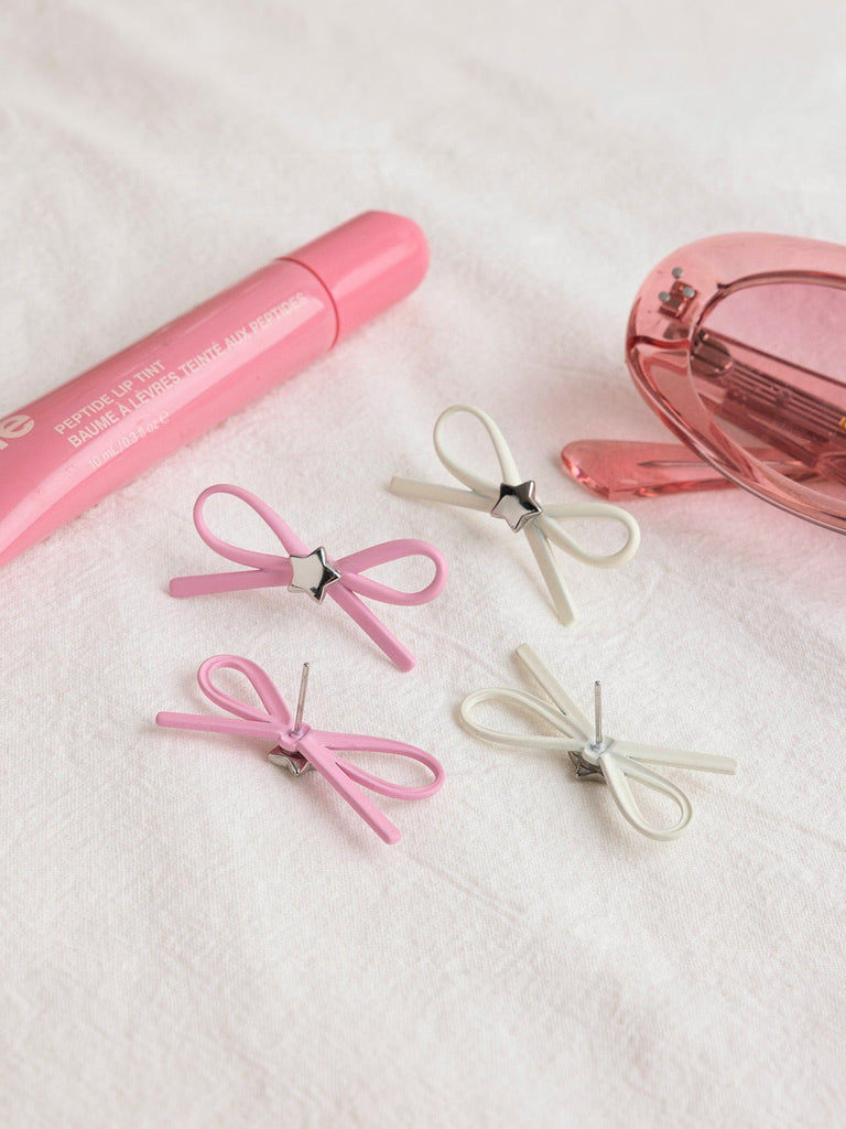 Boucles d'oreilles nœud ruban, forme étoile, acier inoxydable, style ins, blanc, rose, modèle Ruby - Boucles d'oreilles - Rose