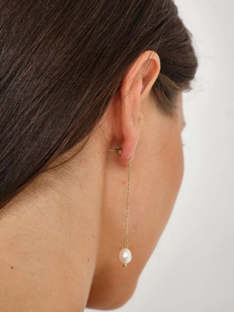 Boucles d’oreilles perles baroques, acier titane plaqué or, longues chaînes pendantes, design géométrique, style moderne, modèle Nargisse - Boucles d'oreilles - Or 50 mm