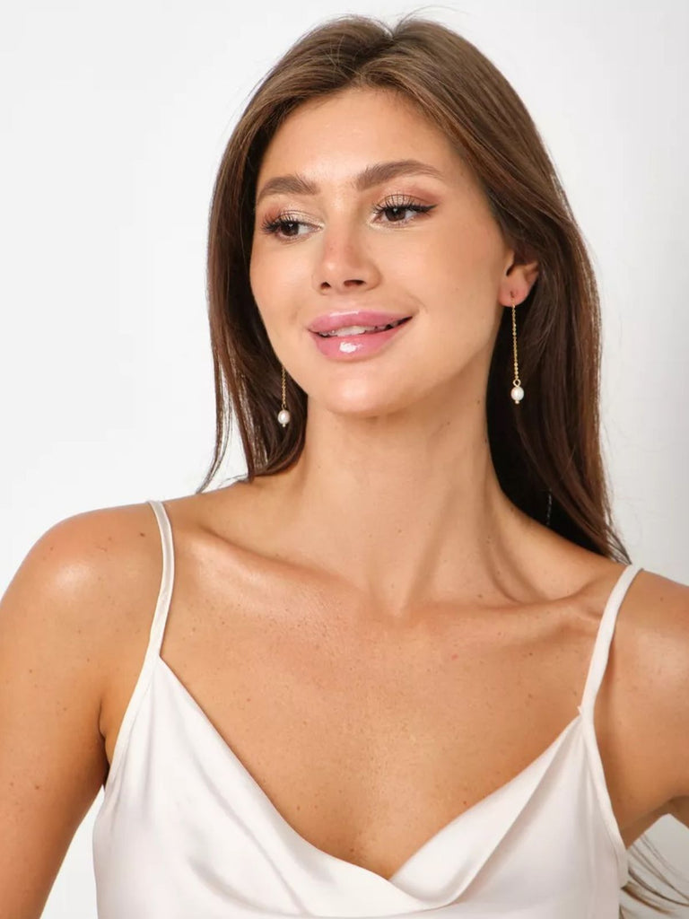 Boucles d’oreilles perles baroques, acier titane plaqué or, longues chaînes pendantes, design géométrique, style moderne, modèle Nargisse - Boucles d'oreilles - Or 50 mm