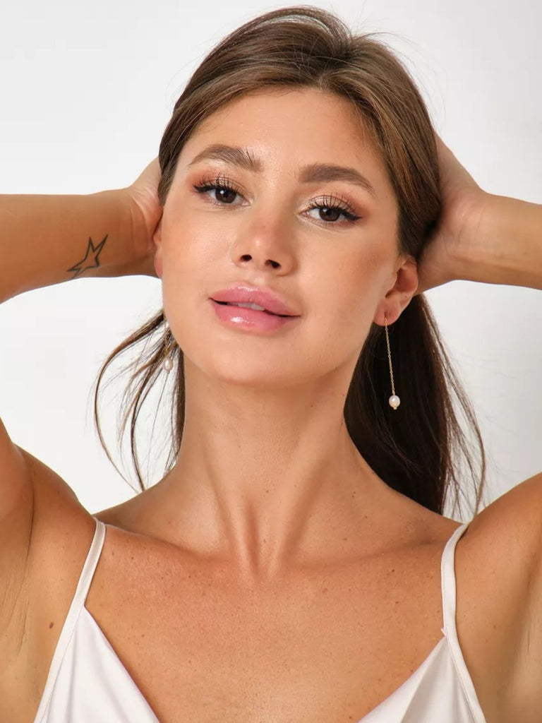 Boucles d’oreilles perles baroques, acier titane plaqué or, longues chaînes pendantes, design géométrique, style moderne, modèle Nargisse - Boucles d'oreilles - Or 50 mm