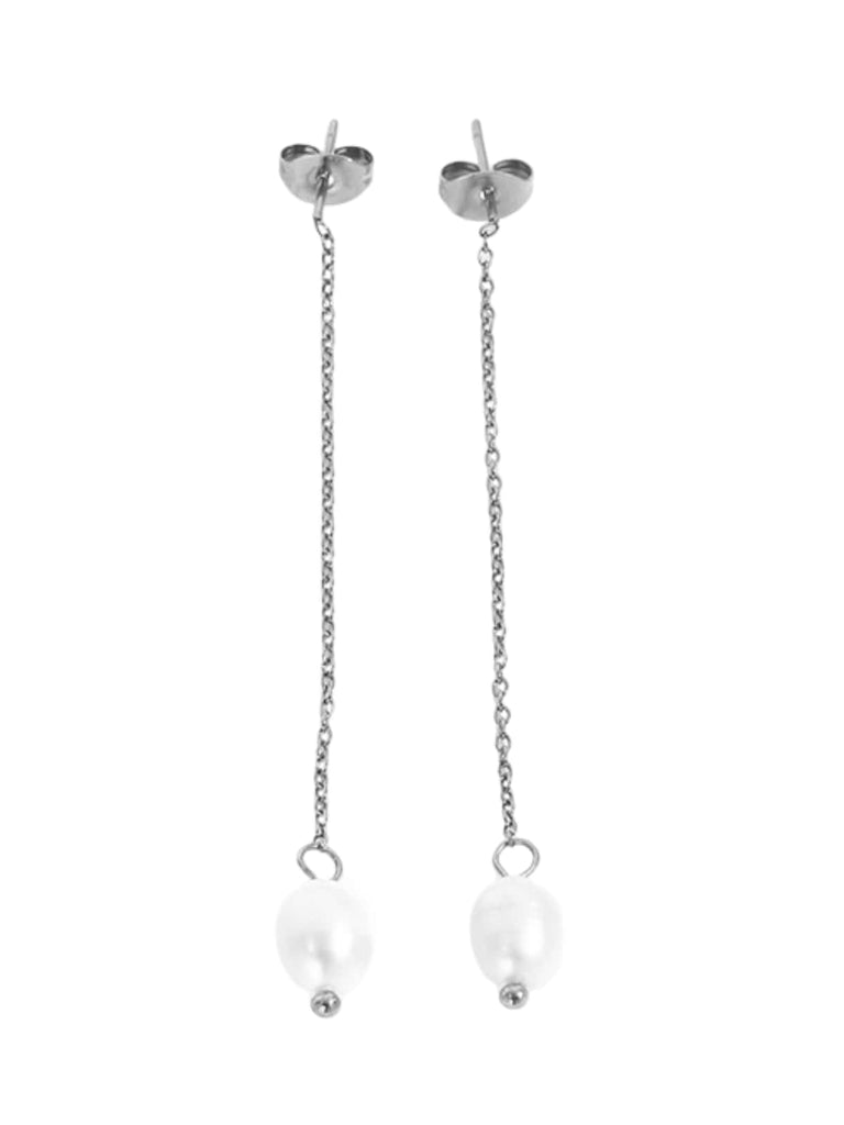 Boucles d’oreilles perles baroques, acier titane plaqué or, longues chaînes pendantes, design géométrique, style moderne, modèle Nargisse - Boucles d'oreilles - Argent 50 mm