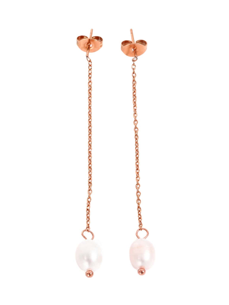 Boucles d’oreilles perles baroques, acier titane plaqué or, longues chaînes pendantes, design géométrique, style moderne, modèle Nargisse - Boucles d'oreilles - Or rosé 50 mm