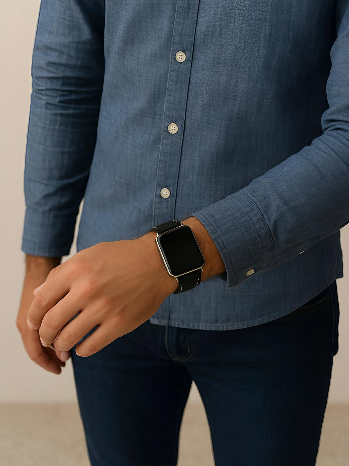 Bracelet Apple Watch cuir véritable, acier inoxydable, ajustable, pour l'homme moderne, modèle Lino - Bracelet Apple Watch - Noir 38 à 42mm
