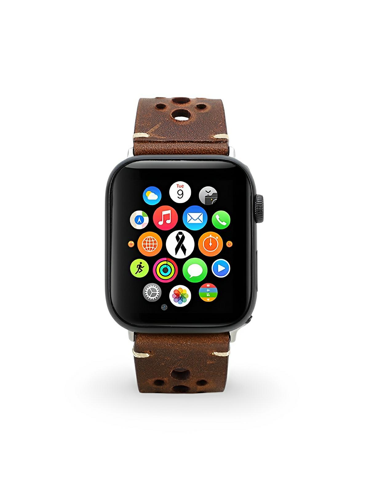 Bracelet Apple Watch cuir vintage, design perforé, boucle classique, modèle Lior - Bracelet Apple Watch - Marron 38 à 42mm