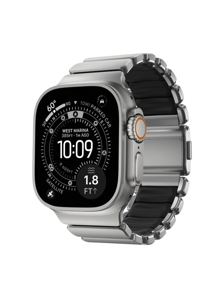 Bracelet Apple Watch Ultra Premium, en Titane Grade 4, fermeture magnétique N52, intérieur FKM, design sportif premium, look prestigieux, modèle Salvador - Bracelet Apple Watch - Argent et noir 44 à 49 mm