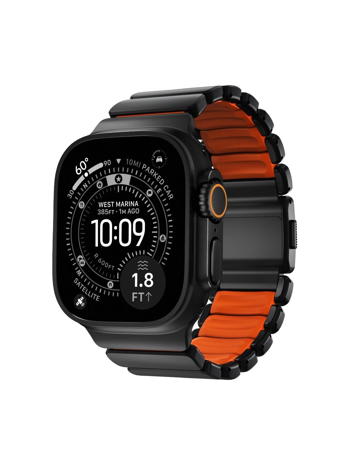 Bracelet Apple Watch Ultra Premium, en Titane Grade 4, fermeture magnétique N52, intérieur FKM, design sportif premium, look prestigieux, modèle Salvador - Bracelet Apple Watch - Noir et orange 44 à 49 mm