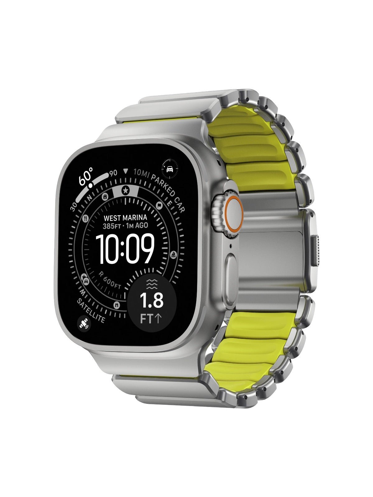 Bracelet Apple Watch Ultra Premium, en Titane Grade 4, fermeture magnétique N52, intérieur FKM, design sportif premium, look prestigieux, modèle Salvador - Bracelet Apple Watch - Argent et vert 44 à 49 mm
