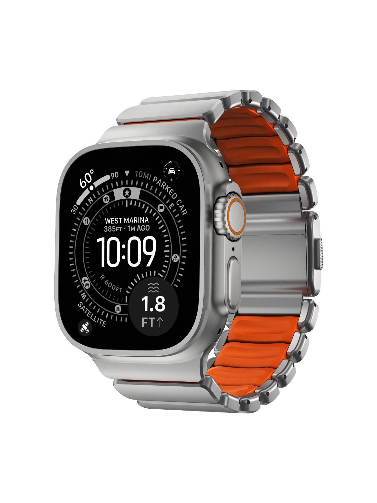 Bracelet Apple Watch Ultra Premium, en Titane Grade 4, fermeture magnétique N52, intérieur FKM, design sportif premium, look prestigieux, modèle Salvador - Bracelet Apple Watch - Argent et orange 44 à 49 mm