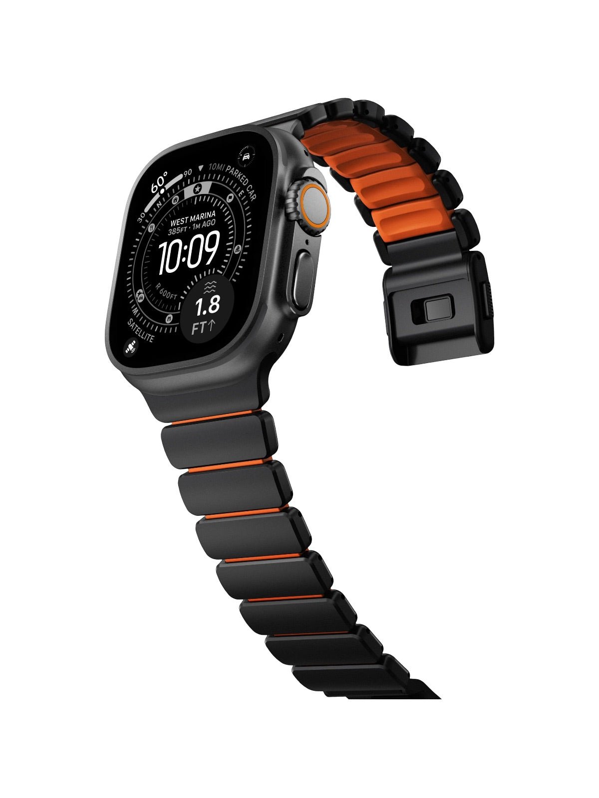 Bracelet Apple Watch Ultra Premium, en Titane Grade 4, fermeture magnétique N52, intérieur FKM, design sportif premium, look prestigieux, modèle Salvador - Bracelet Apple Watch - Noir et orange 44 à 49 mm