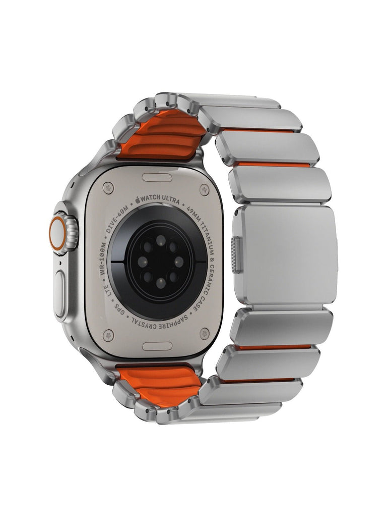 Bracelet Apple Watch Ultra Premium, en Titane Grade 4, fermeture magnétique N52, intérieur FKM, design sportif premium, look prestigieux, modèle Salvador - Bracelet Apple Watch - Argent et orange 44 à 49 mm
