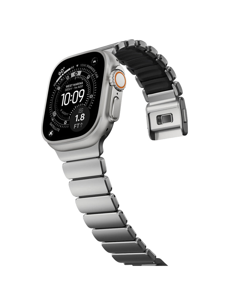 Bracelet Apple Watch Ultra Premium, en Titane Grade 4, fermeture magnétique N52, intérieur FKM, design sportif premium, look prestigieux, modèle Salvador - Bracelet Apple Watch - Argent et noir 44 à 49 mm