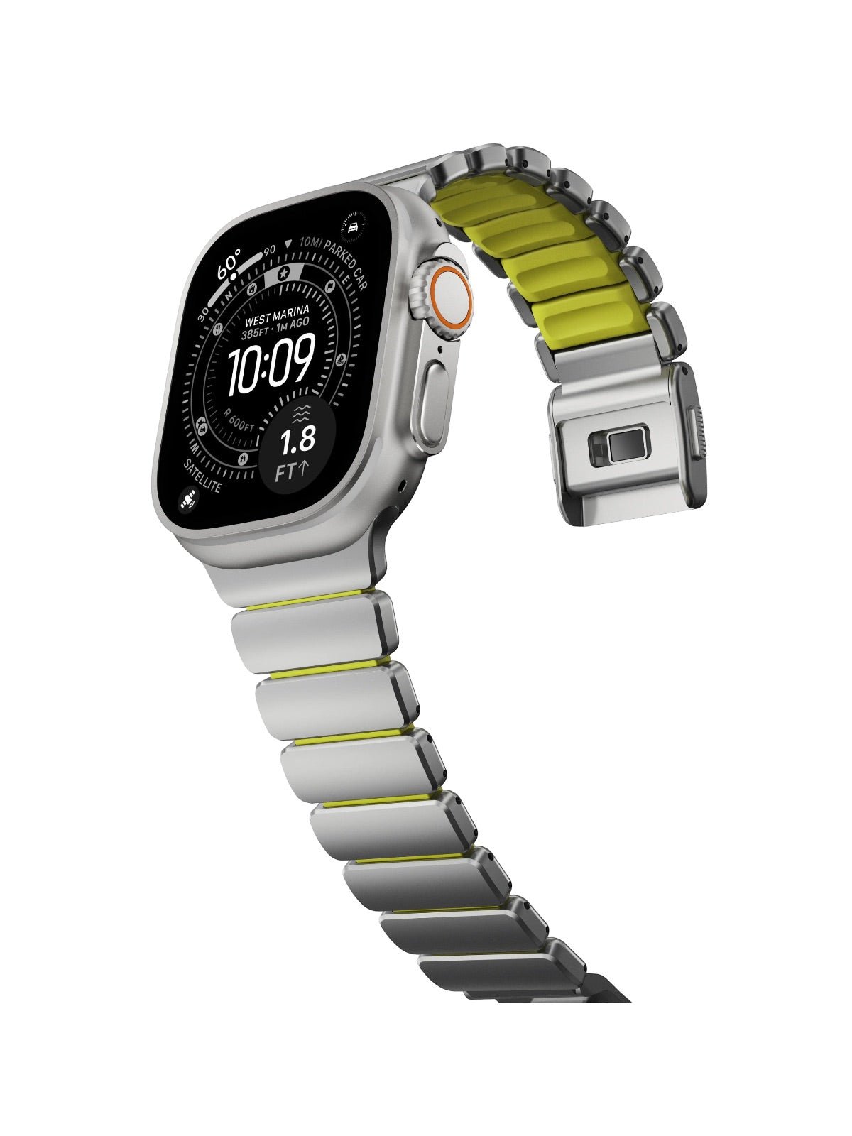 Bracelet Apple Watch Ultra Premium, en Titane Grade 4, fermeture magnétique N52, intérieur FKM, design sportif premium, look prestigieux, modèle Salvador - Bracelet Apple Watch - Argent et vert 44 à 49 mm