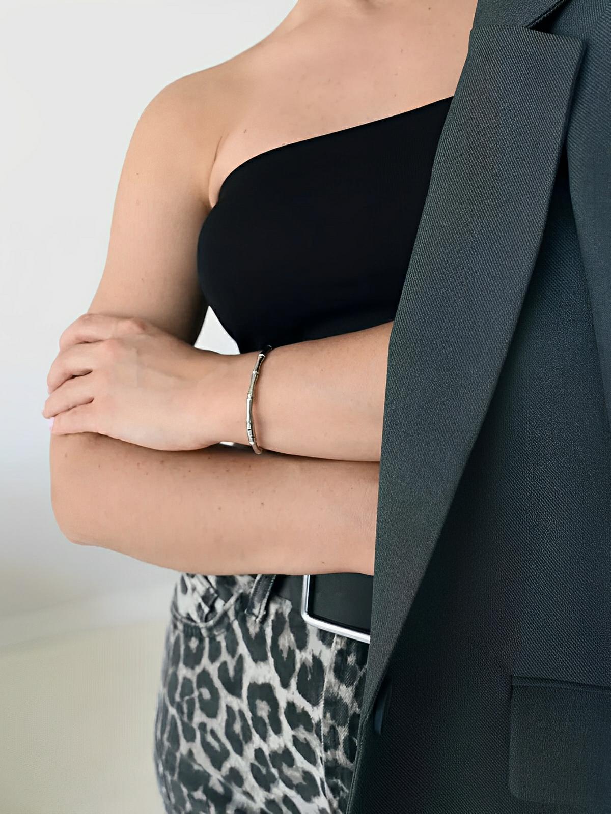 Bracelet bambou acier titane, bijou rigide femme, effet multilayer, style Old Money, cadeau chic, modèle Erica - Bracelet - Argent