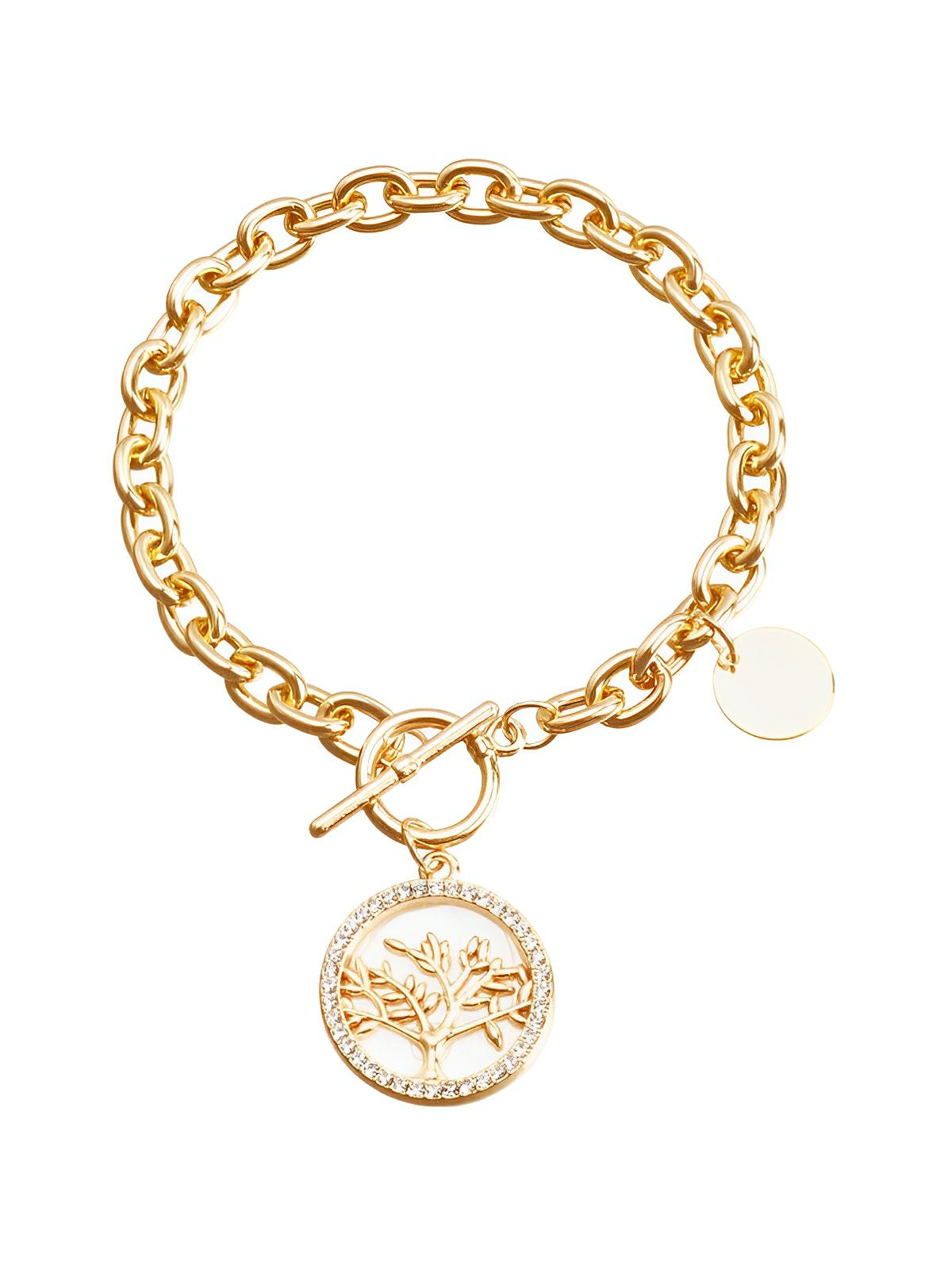Bracelet chaîne dorée femme, bracelet gros maillons médaillon, bijou géométrique nacre, bracelet tendance ins, chaîne ronde féminine, modèle Prudence - Bracelet - Or et blanc