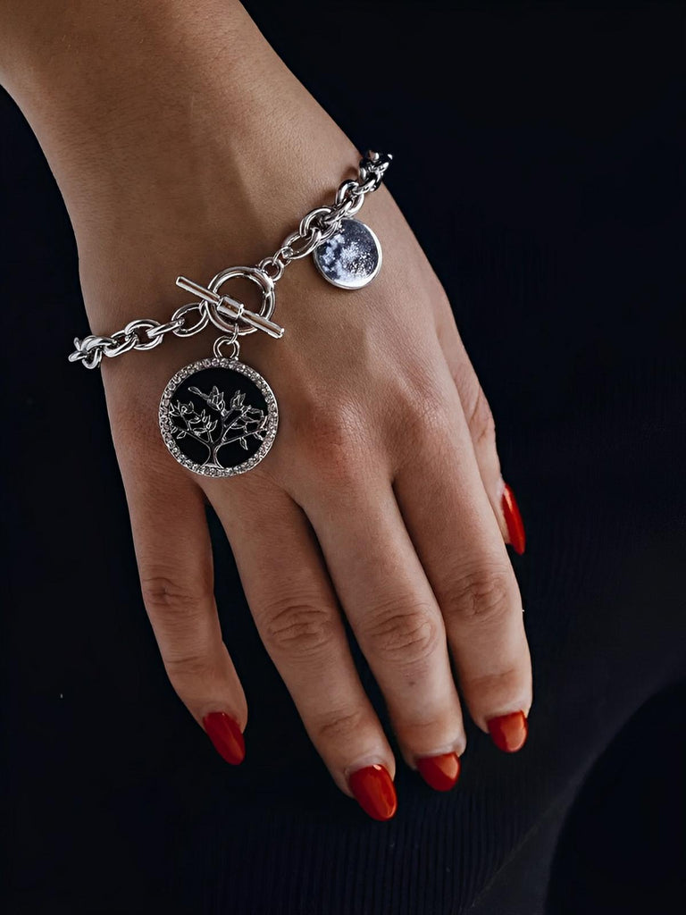 Bracelet chaîne dorée femme, bracelet gros maillons médaillon, bijou géométrique nacre, bracelet tendance ins, chaîne ronde féminine, modèle Prudence - Bracelet - Argent et noir