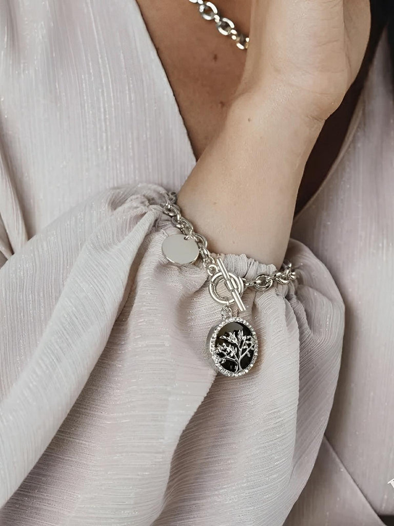 Bracelet chaîne dorée femme, bracelet gros maillons médaillon, bijou géométrique nacre, bracelet tendance ins, chaîne ronde féminine, modèle Prudence - Bracelet - Argent et noir