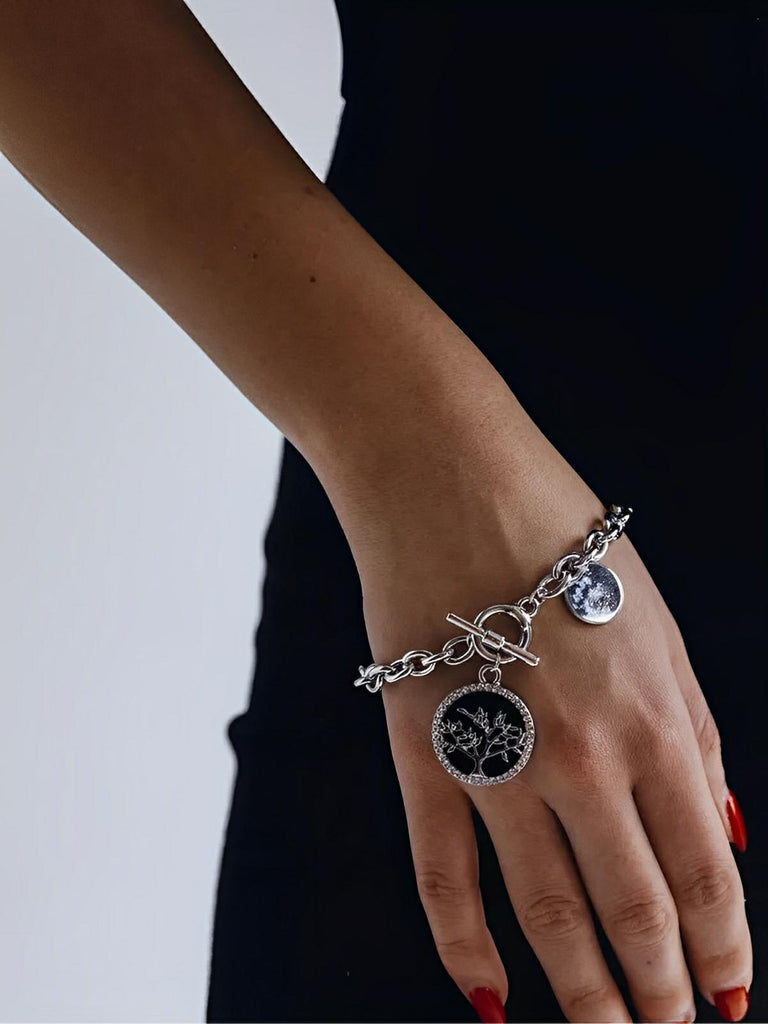 Bracelet chaîne dorée femme, bracelet gros maillons médaillon, bijou géométrique nacre, bracelet tendance ins, chaîne ronde féminine, modèle Prudence - Bracelet - Argent et noir