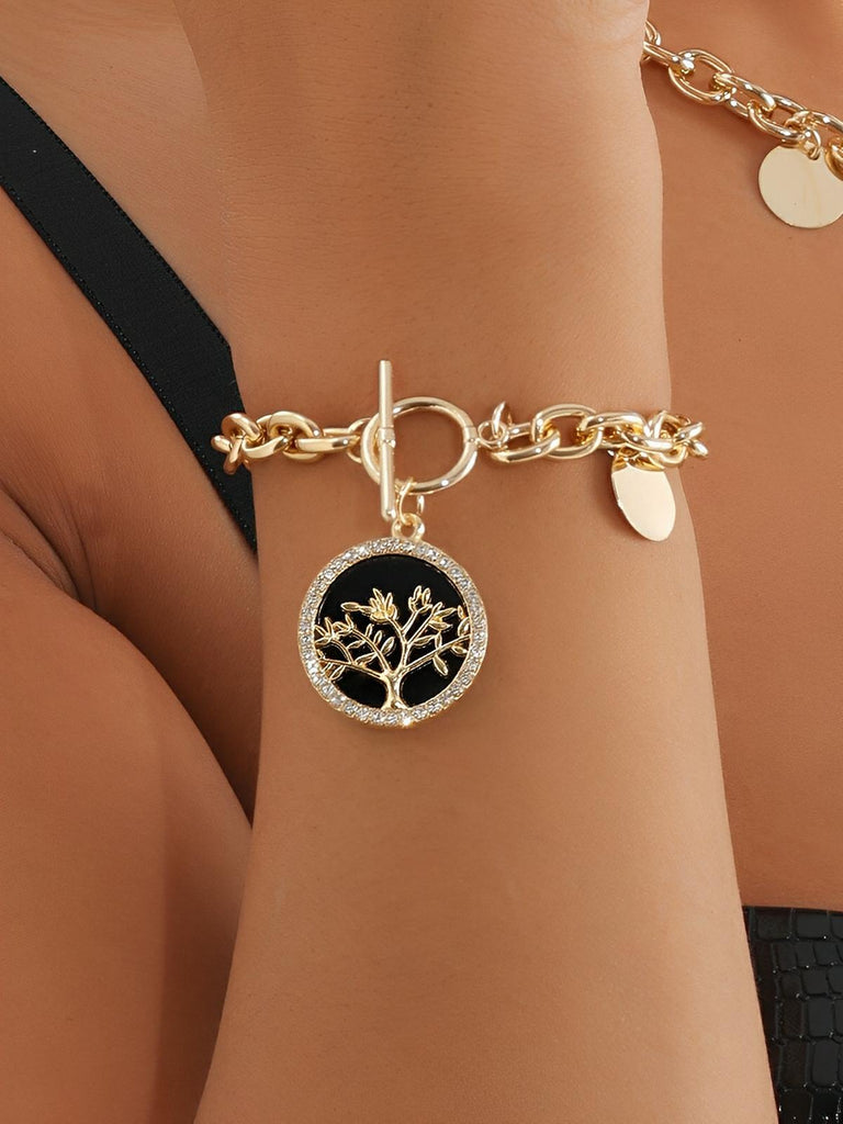 Bracelet chaîne dorée femme, bracelet gros maillons médaillon, bijou géométrique nacre, bracelet tendance ins, chaîne ronde féminine, modèle Prudence - Bracelet - Or et noir