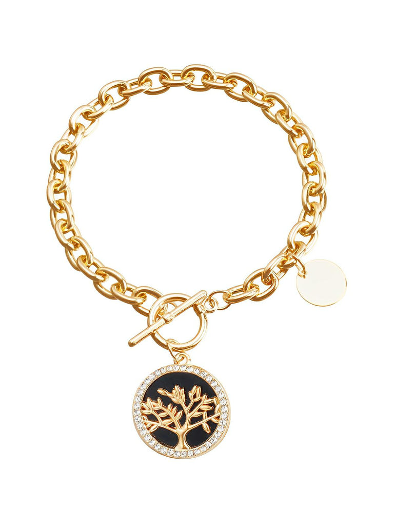 Bracelet chaîne dorée femme, bracelet gros maillons médaillon, bijou géométrique nacre, bracelet tendance ins, chaîne ronde féminine, modèle Prudence - Bracelet - Or et noir