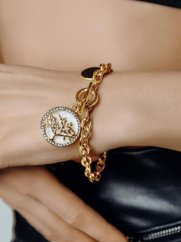 Bracelet chaîne dorée femme, bracelet gros maillons médaillon, bijou géométrique nacre, bracelet tendance ins, chaîne ronde féminine, modèle Prudence - Bracelet - Or et blanc