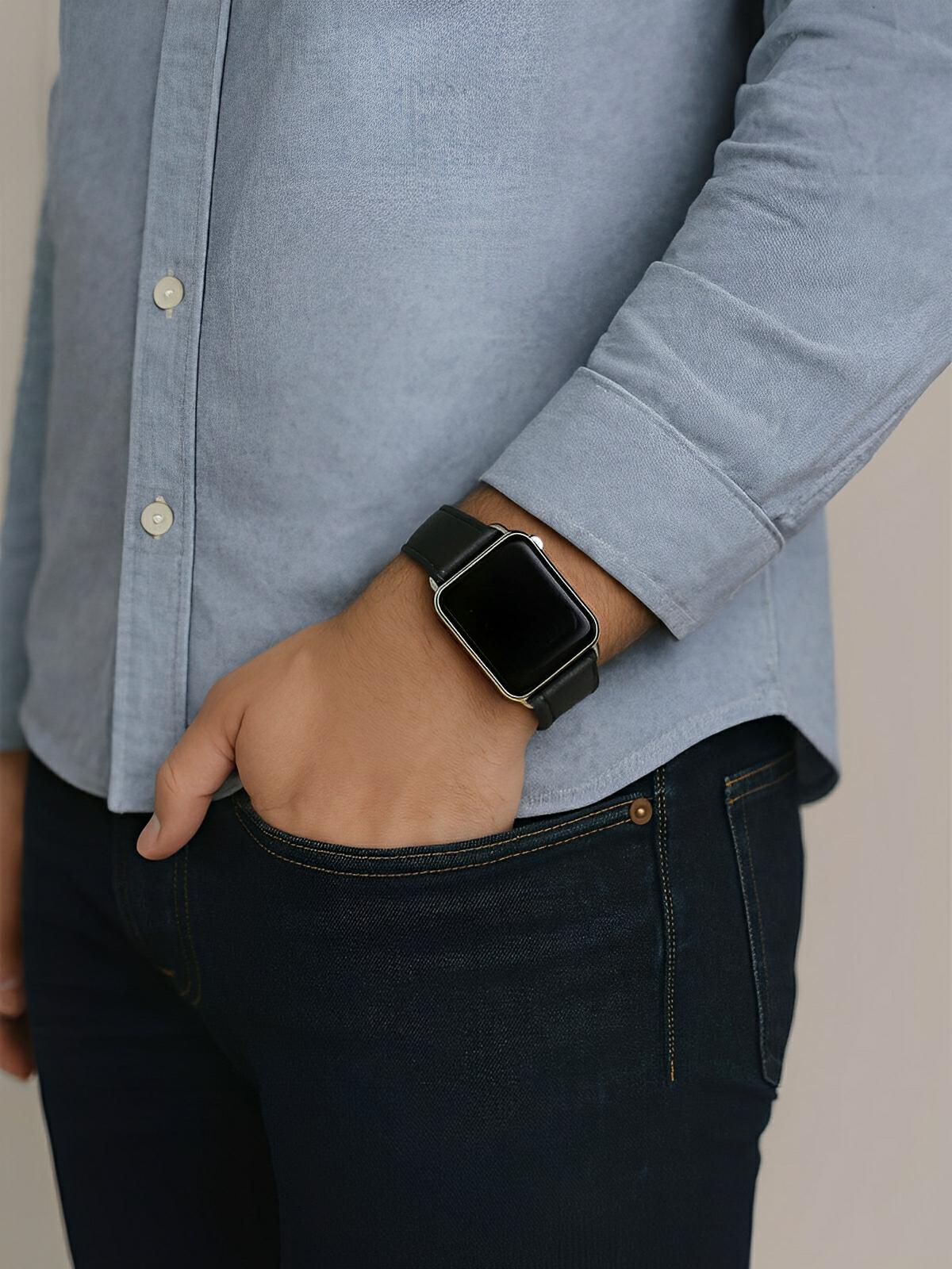 Bracelet cuir Apple Watch, acier inoxydable, ajustable, au ton raffiné, modèle Jonas - Bracelet Apple Watch - Noir 38 à 42mm
