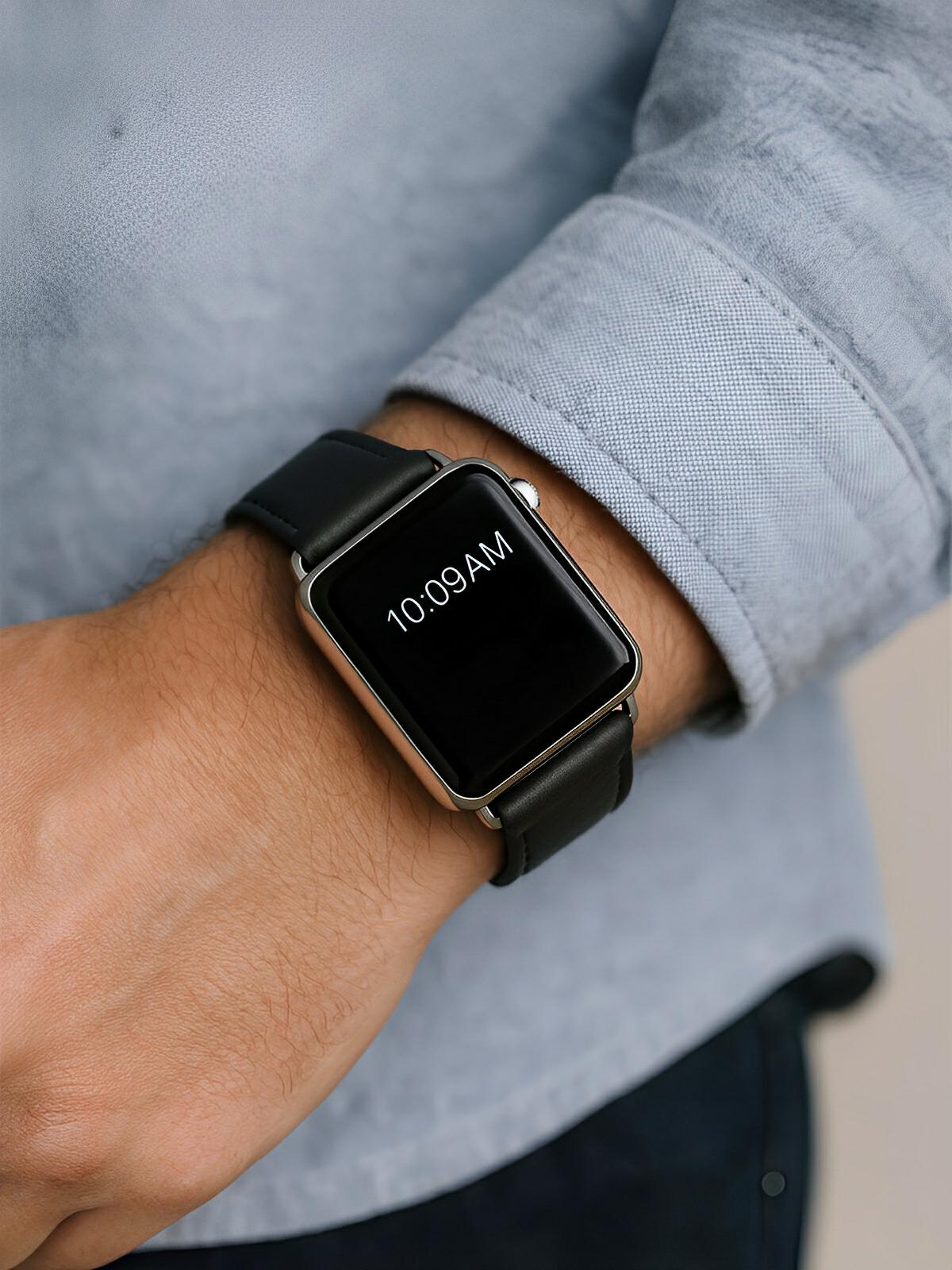 Bracelet cuir Apple Watch, acier inoxydable, ajustable, au ton raffiné, modèle Jonas - Bracelet Apple Watch - Noir 38 à 42mm