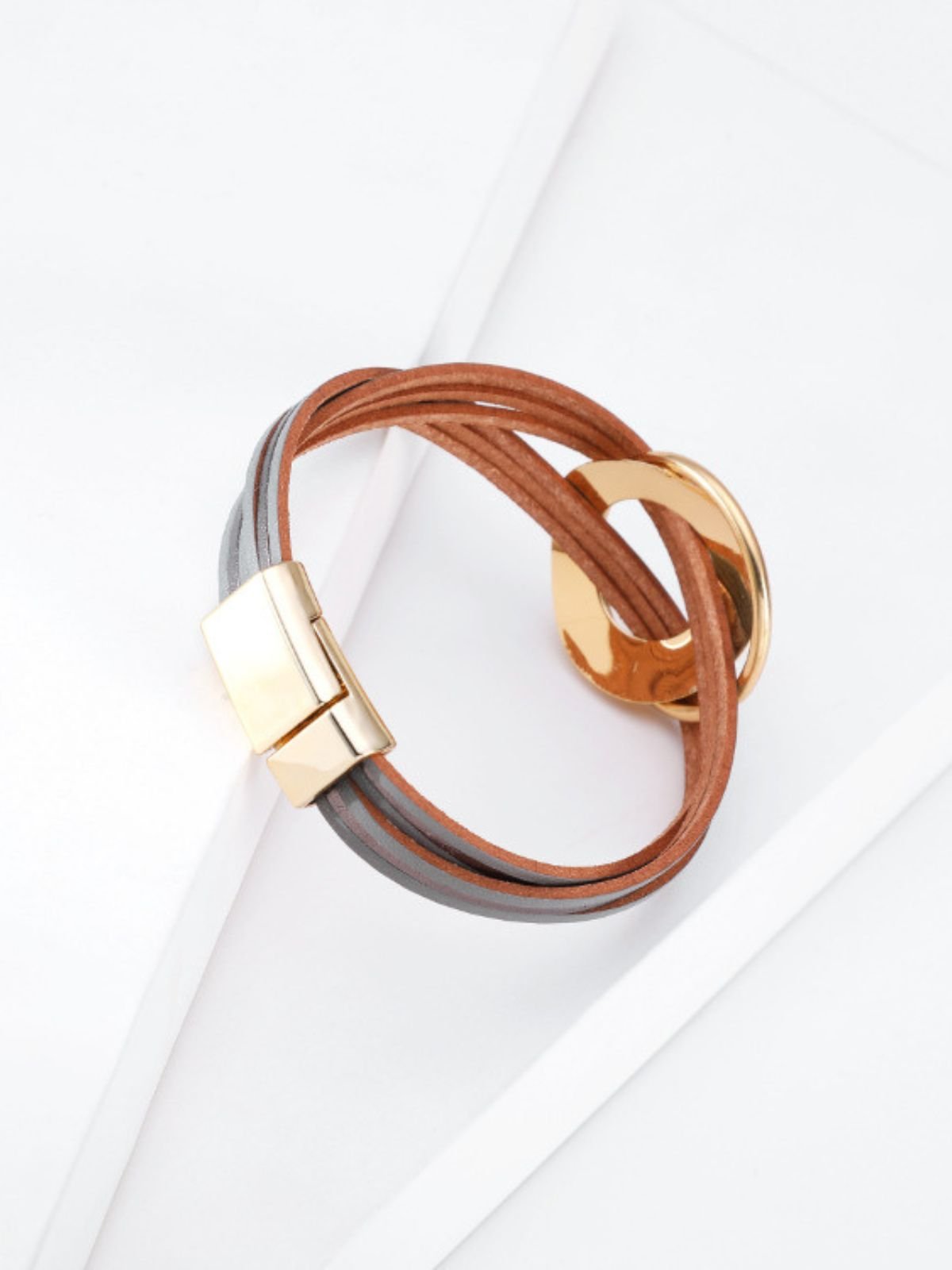 Bracelet cuir multirangs, magnétique, femme, style bohème, large, coloré, modèle Odylle - Bracelet - Gris