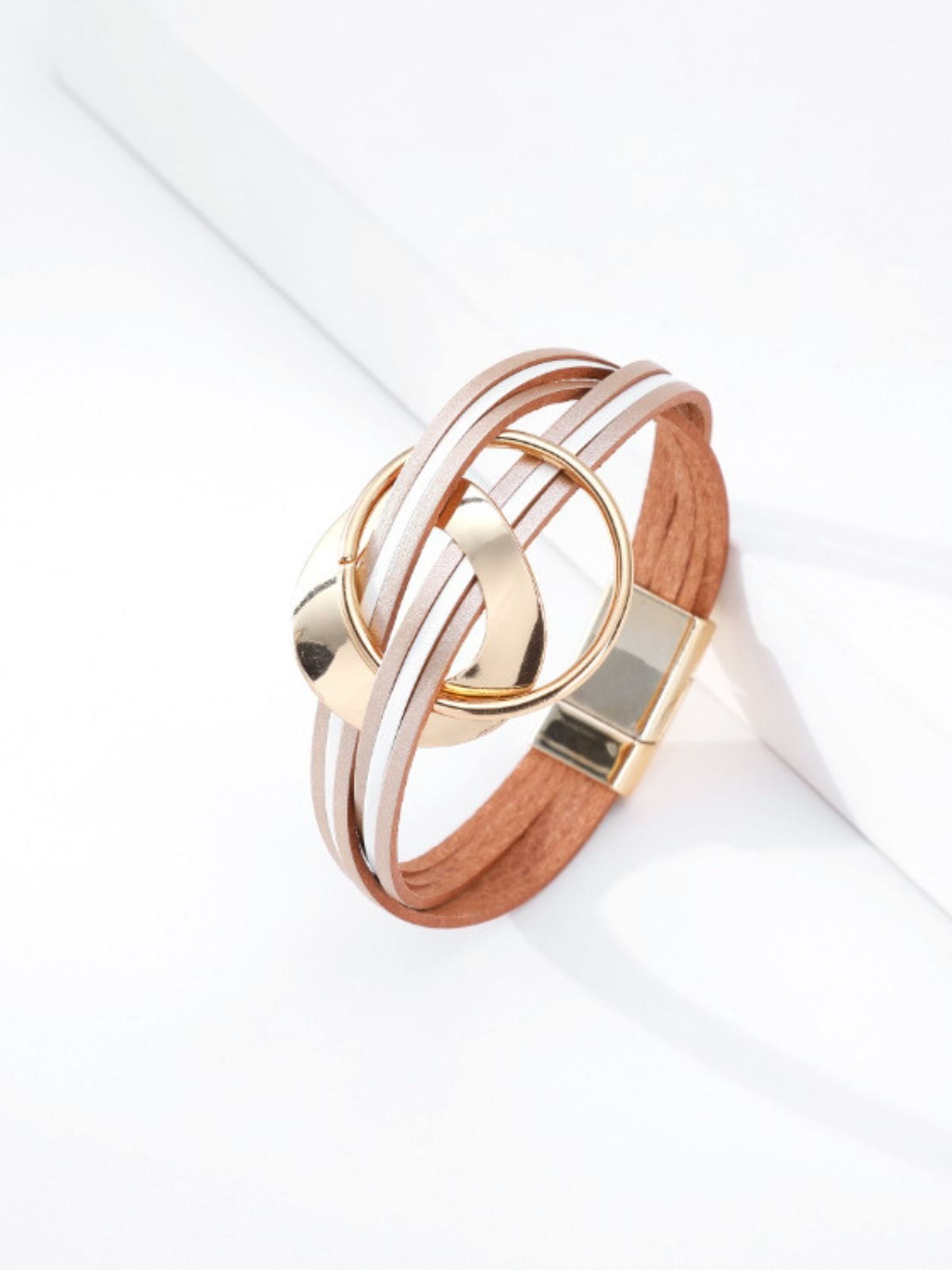 Bracelet cuir multirangs, magnétique, femme, style bohème, large, coloré, modèle Odylle - Bracelet - Rose & Blanc