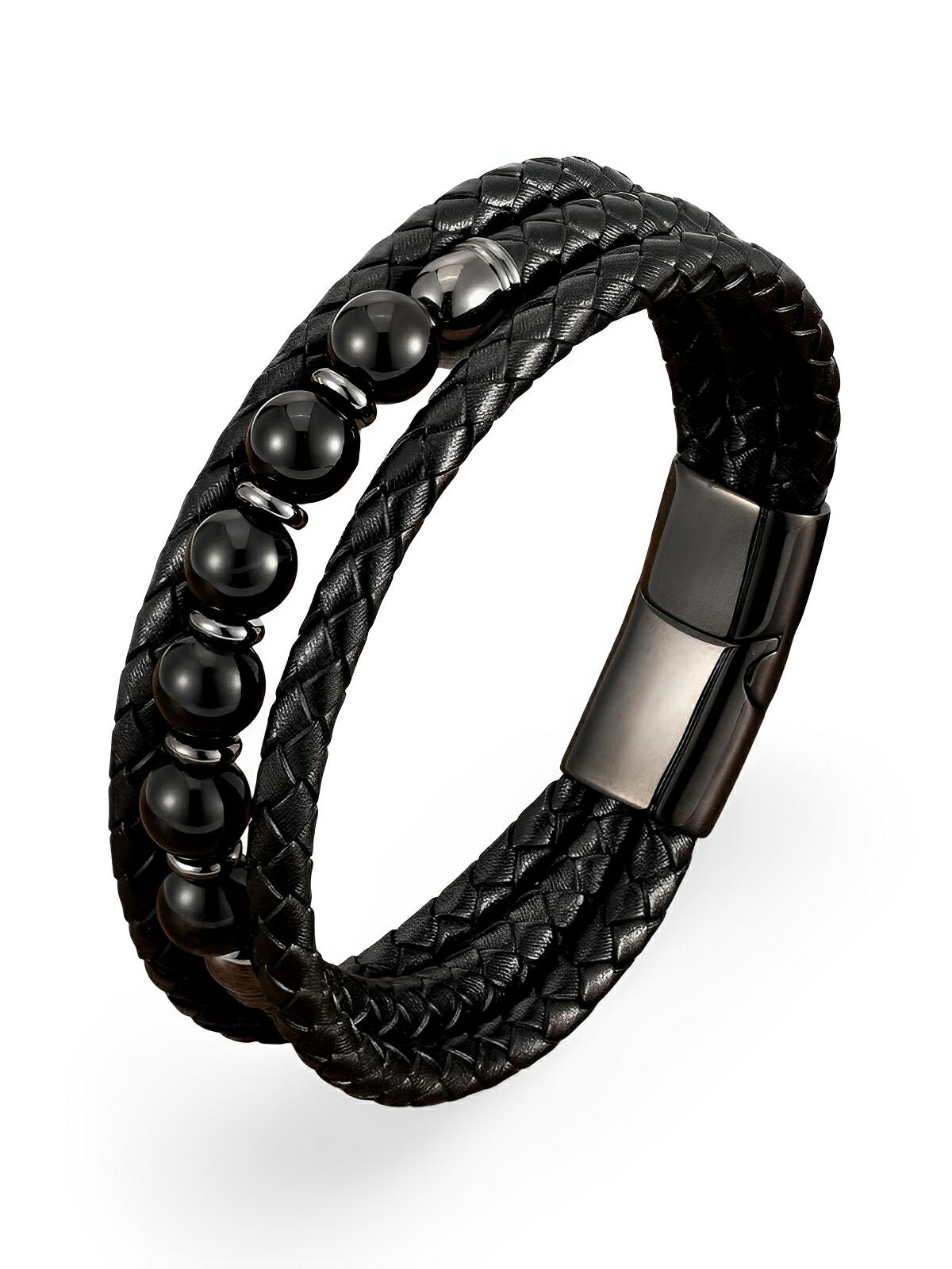 Bracelet cuir tressé homme, pierre naturelle œil de tigre ou agate, fermoir magnétique, style moderne et robuste, modèle Damien - Bracelet - Agate noire S