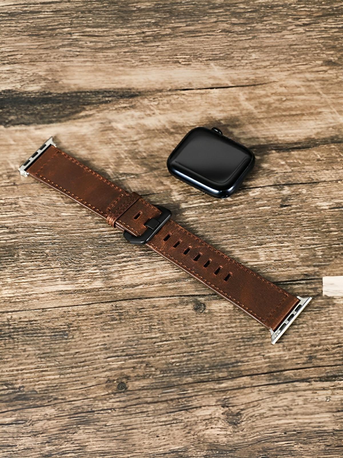 Bracelet cuir vintage Apple Watch, véritable cuir, boucle métallique, compatible toutes séries, modèle Damio - Bracelet Apple Watch - Marron 38 à 42mm