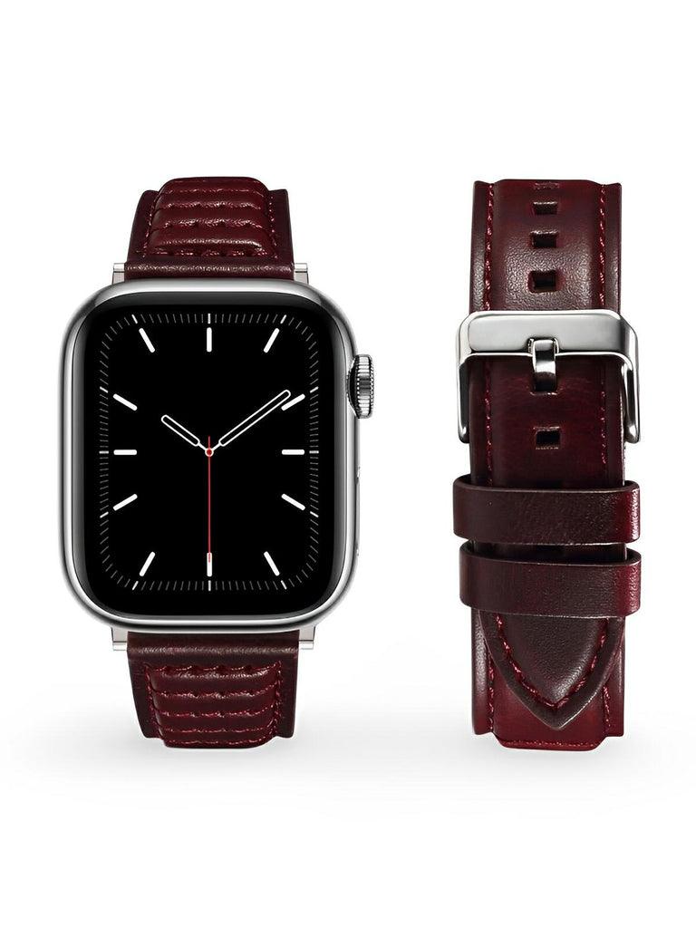 Bracelet en cuir pleine fleur Apple Watch, boucle acier inoxydable, ajustable, modèle Tovin - Bracelet Apple Watch - Bordeaux 38 à 42mm