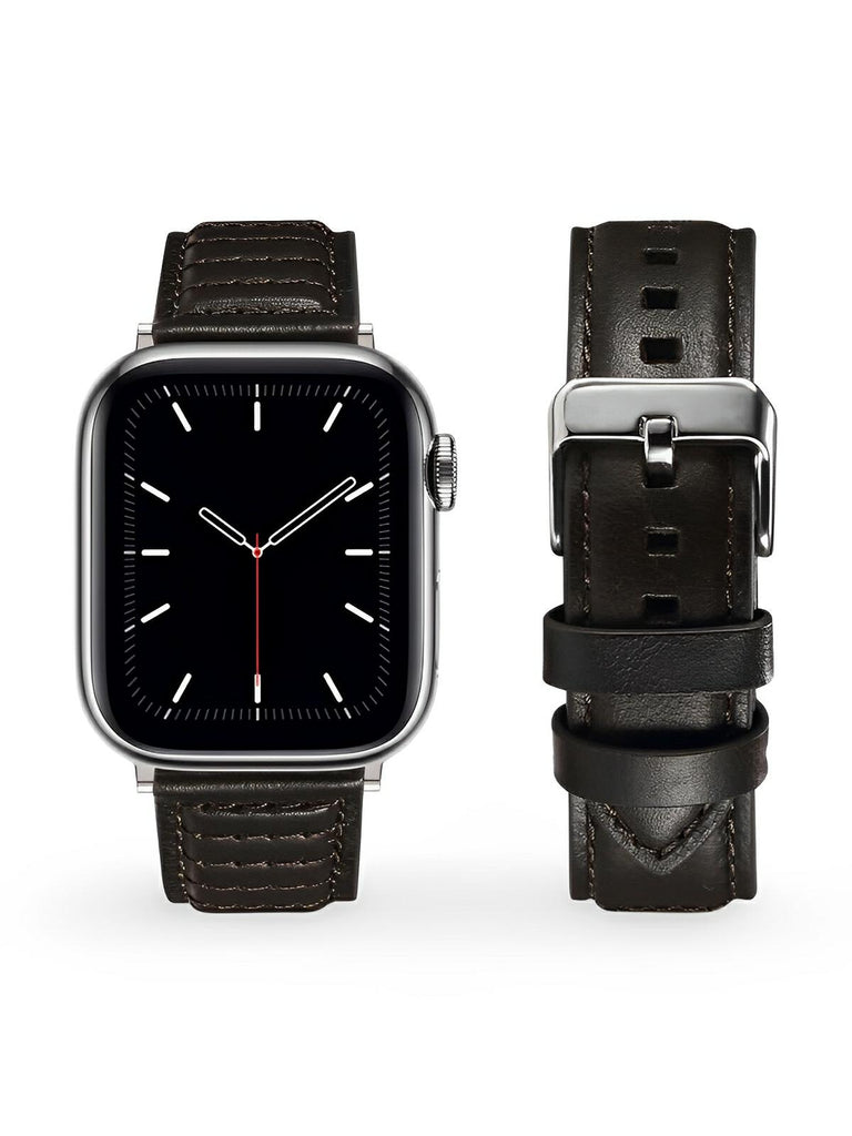 Bracelet en cuir pleine fleur Apple Watch, boucle acier inoxydable, ajustable, modèle Tovin - Bracelet Apple Watch - Noir 38 à 42mm