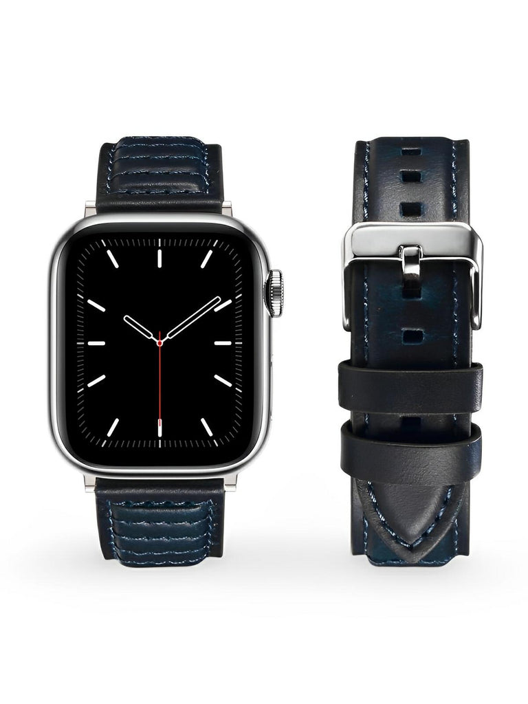 Bracelet en cuir pleine fleur Apple Watch, boucle acier inoxydable, ajustable, modèle Tovin - Bracelet Apple Watch - Bleu 38 à 42mm