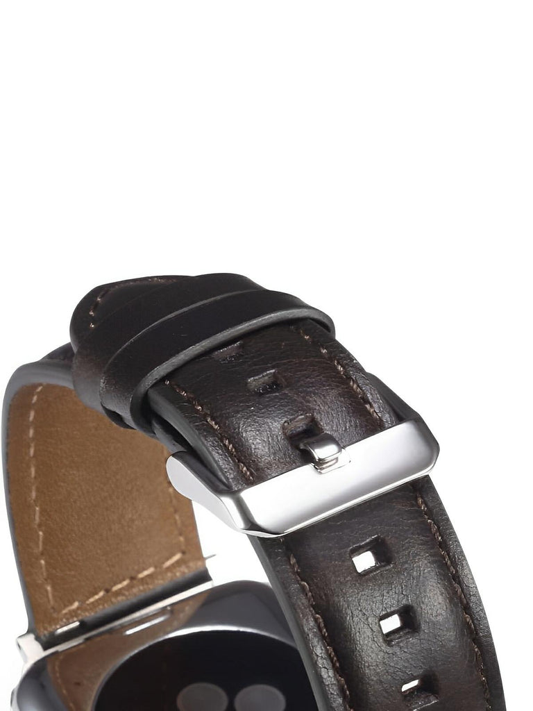 Bracelet en cuir pleine fleur Apple Watch, boucle acier inoxydable, ajustable, modèle Tovin - Bracelet Apple Watch - Noir 38 à 42mm