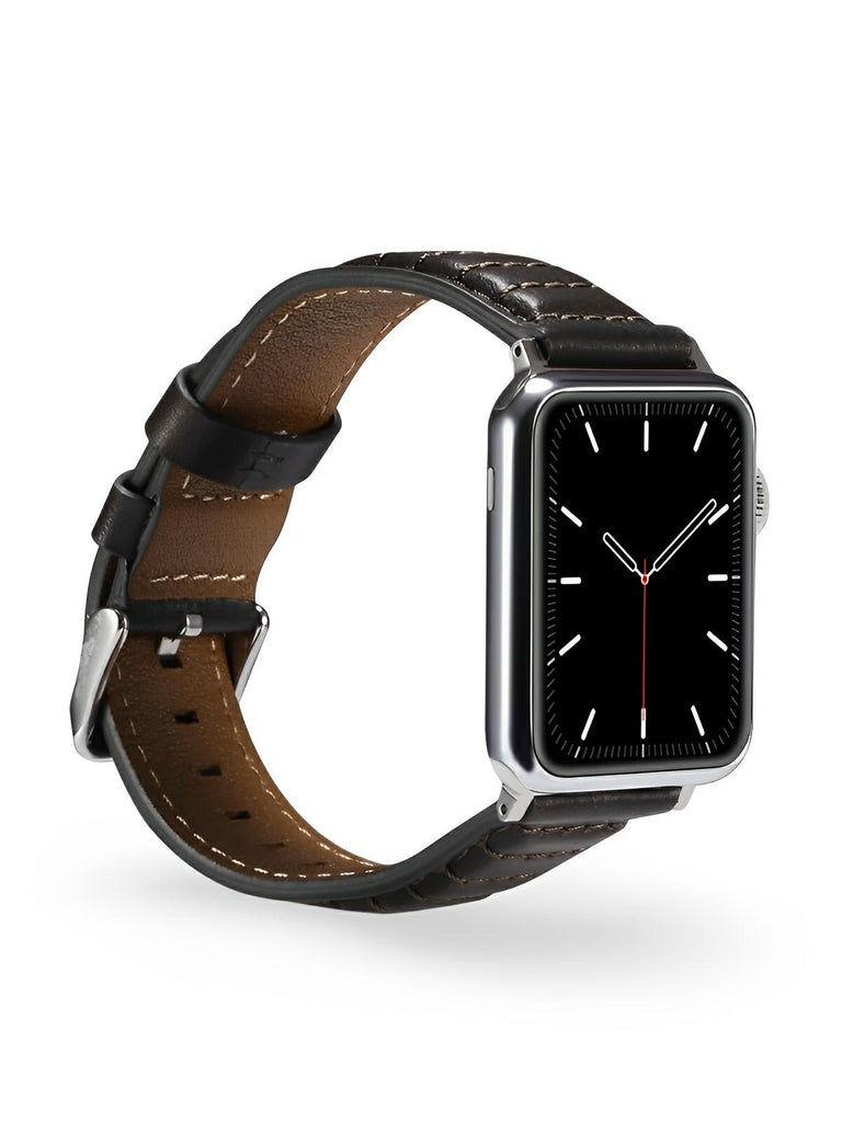 Bracelet en cuir pleine fleur Apple Watch, boucle acier inoxydable, ajustable, modèle Tovin - Bracelet Apple Watch - Noir 38 à 42mm
