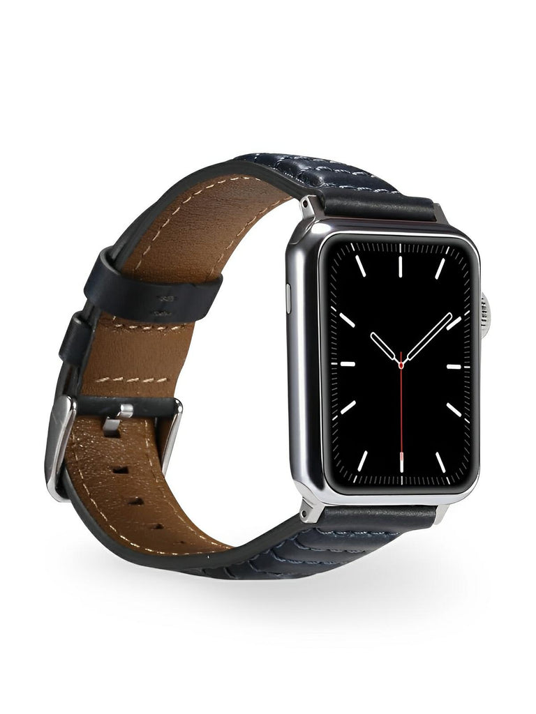 Bracelet en cuir pleine fleur Apple Watch, boucle acier inoxydable, ajustable, modèle Tovin - Bracelet Apple Watch - Noir 38 à 42mm