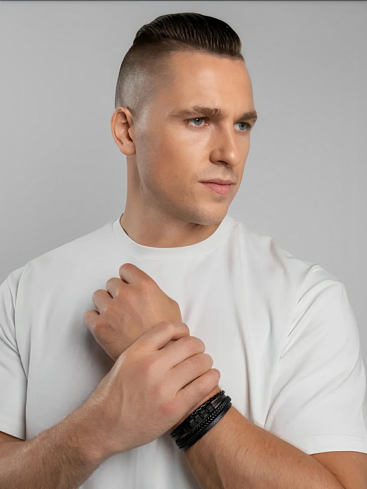 Bracelet en cuir tressé homme, acier inoxydable, multi - rangs, au style moderne, modèle Faron - Bracelet - Noir S