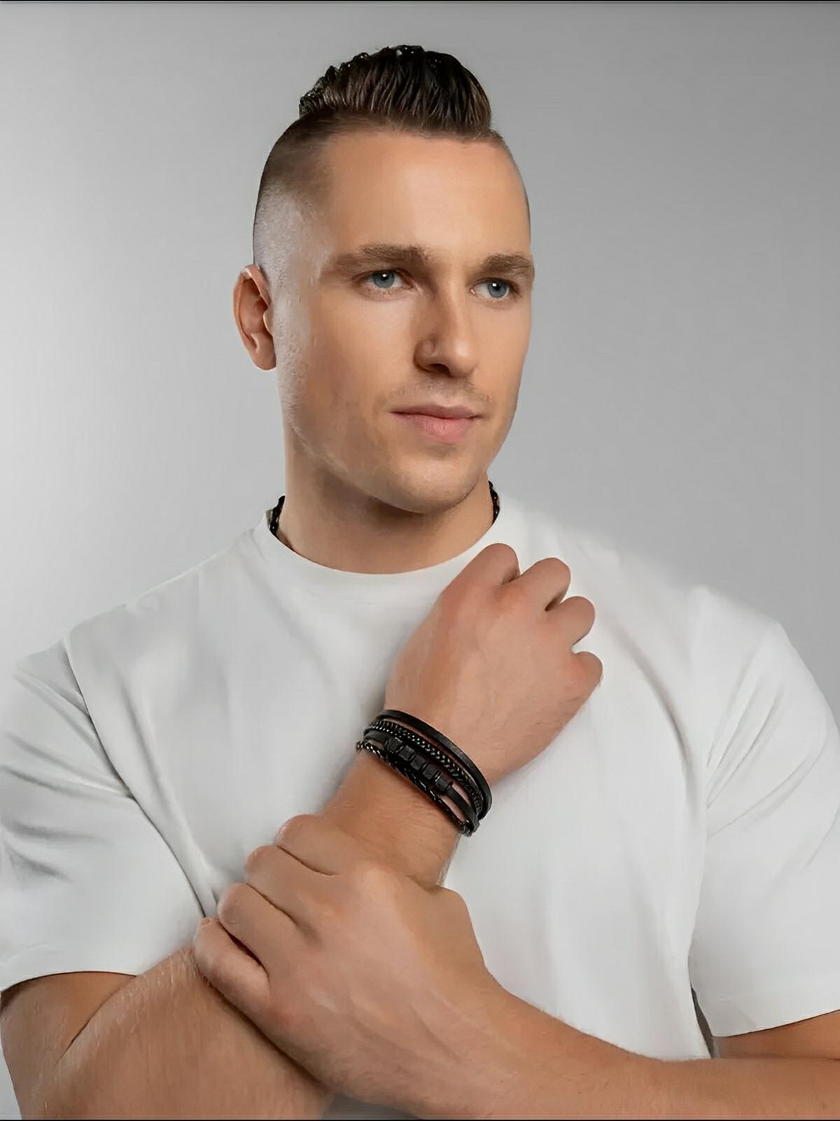 Bracelet en cuir tressé homme, acier inoxydable, multi - rangs, au style moderne, modèle Faron - Bracelet - Noir S