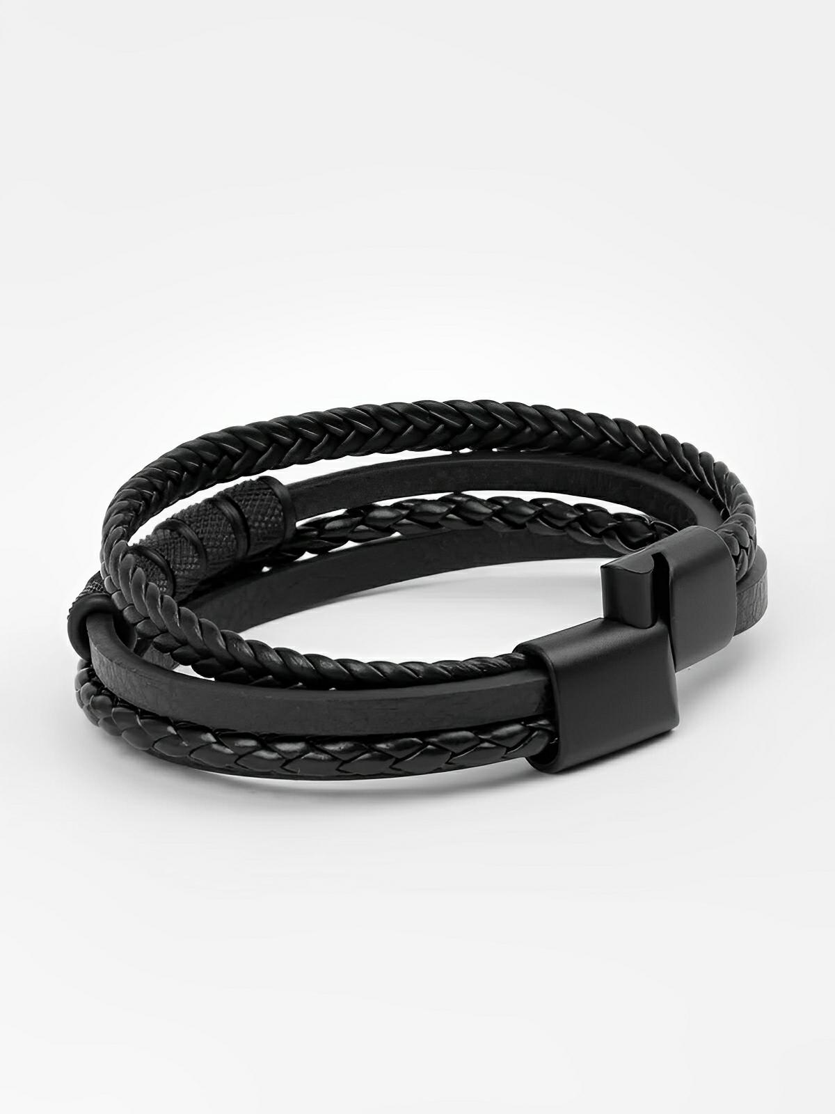 Bracelet en cuir tressé homme, acier inoxydable, multi - rangs, au style moderne, modèle Faron - Bracelet - Noir S